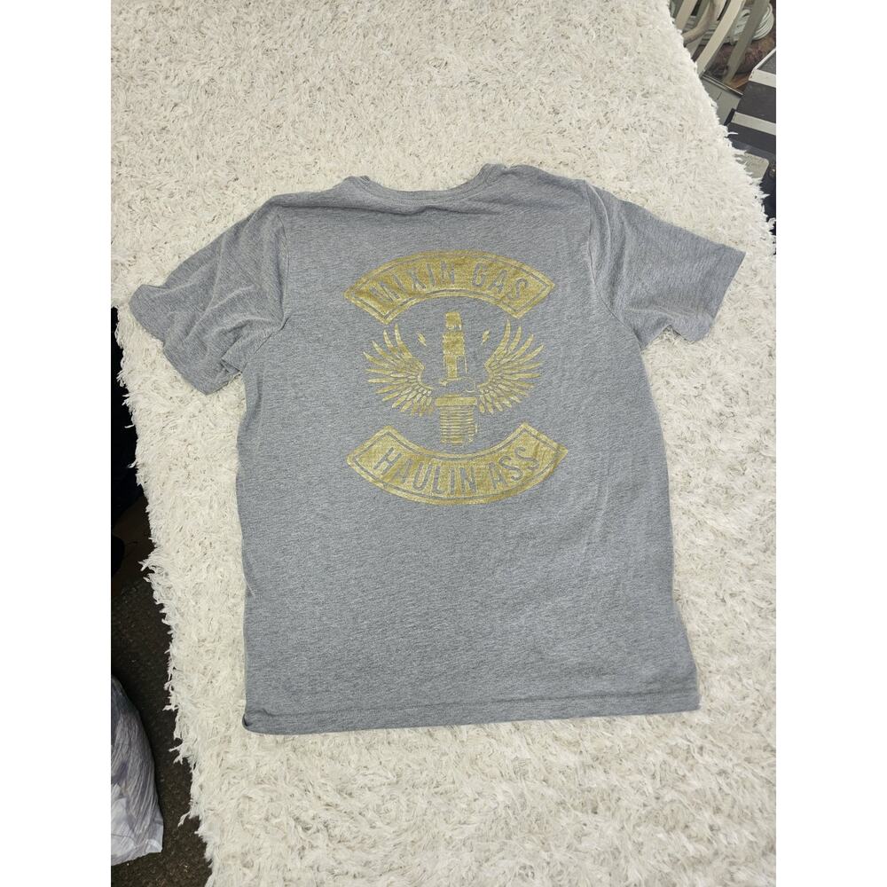 Boys Graphic Tee Spark Plug Wings Biker Gold Distressed XL 14-16 Husky Grey